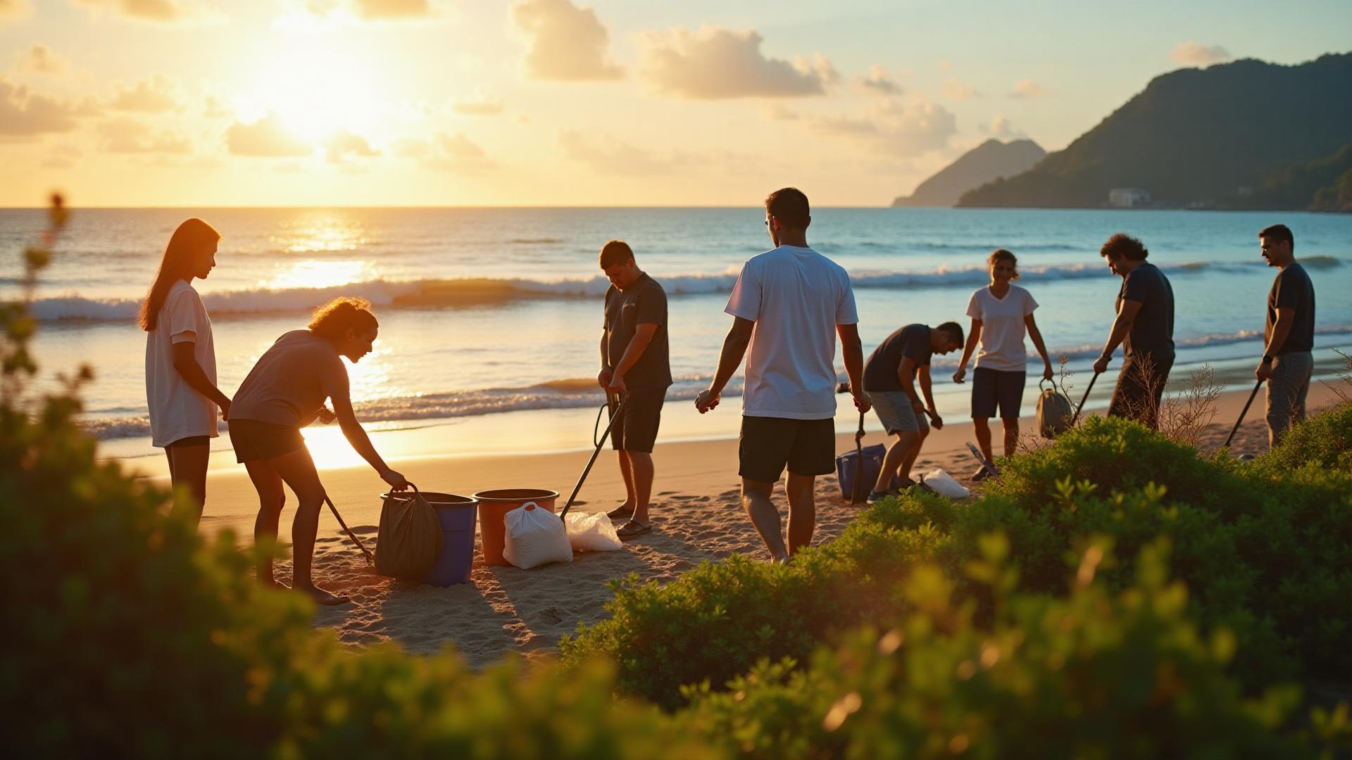 Voluntários trabalhando na limpeza de praia